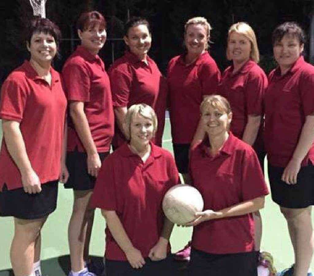 ABOVE: B-grade champions Ladybirds (back, from left) Kerry DeSerio, Sharyn Jocumsen, Rachel Hockey, Jackie Fallon, Lori McPherson and Kelly Greaney and (front, from left) Jennifer Prince and Lisa Ward. Absent is Tarnya Sing. Ladybirds took an early lead in the B-grade grand final against Mayhem. Shooters Rachel Hockey and Kelley Greaney were on fire in what was a very physical and competitive game. The 57-23 scoreline was cause for celebration for the Ladybirds, with many players coming back to netball this season after many years off the court.